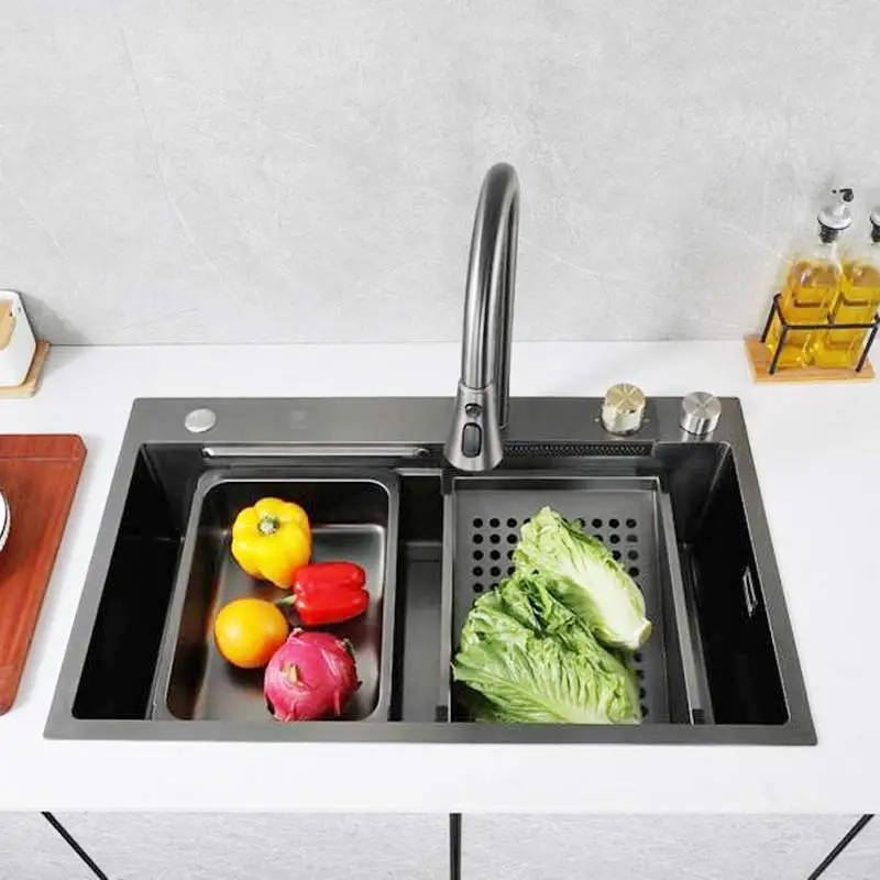 #*-Tiktok Trends Metal Grey Black Stainless Steel Kitchen Sink Sets With Flying Rainfall Faucet