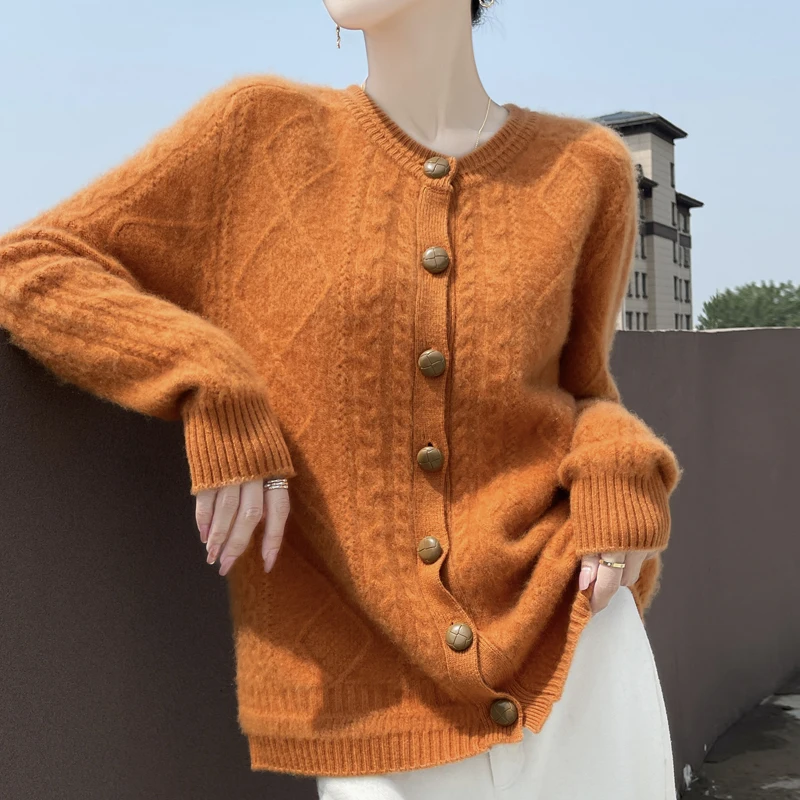 Women\'s cardigan in autumn and winter 100% merino wool sweater long sleeve cashmere O-neck solid color padded loose top coat