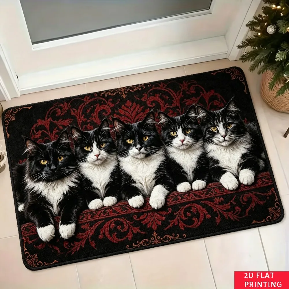 Five Black White Cat Row Mat Red Damask Pattern Yellow Eye Realistic Print Non Slip  Carpet For Feline Fan Home Entrance Decor