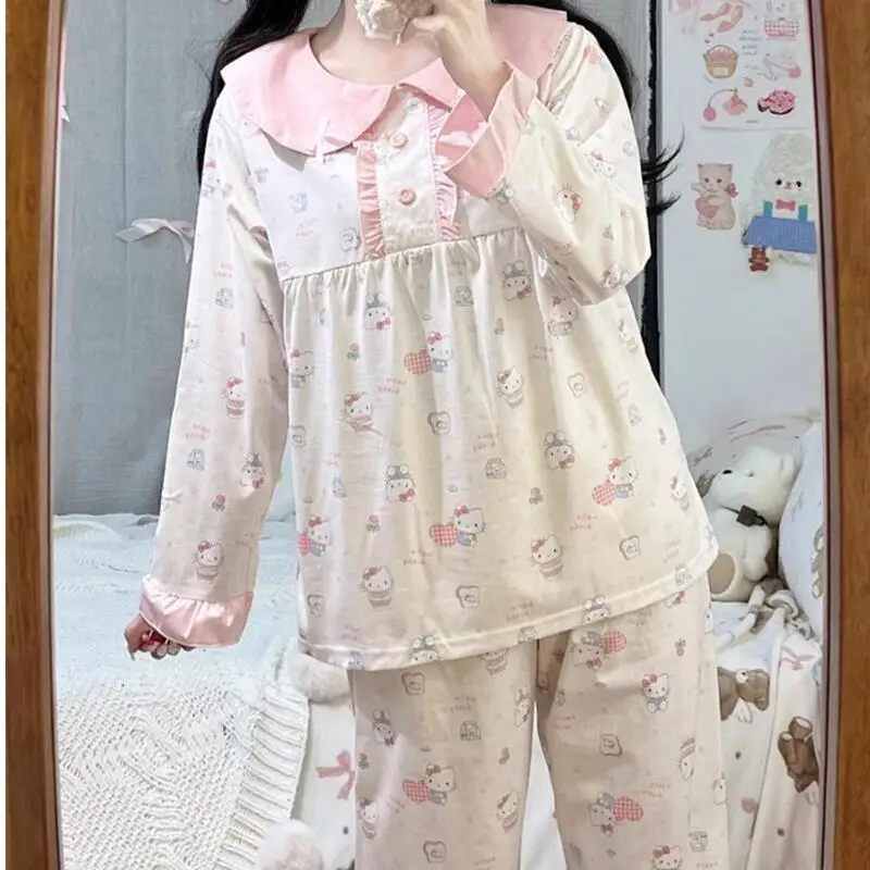 

Sanrio Hello Kitty женский пижамный комплект Kawaii мультфильм осенняя школьная одежда для сна с длинными рукавами брюки ночная рубашка повседневная домашняя одежда новая
