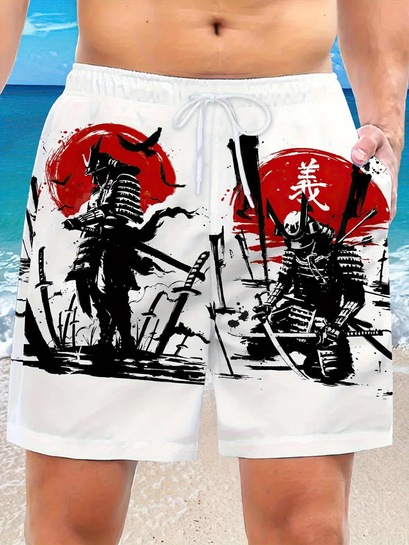 Anime Japanese Samurai 3D Print Beach Shorts for Men, Summer Casual Loose Shorts, Outdoor Sports Quick-Drying Beach Pants