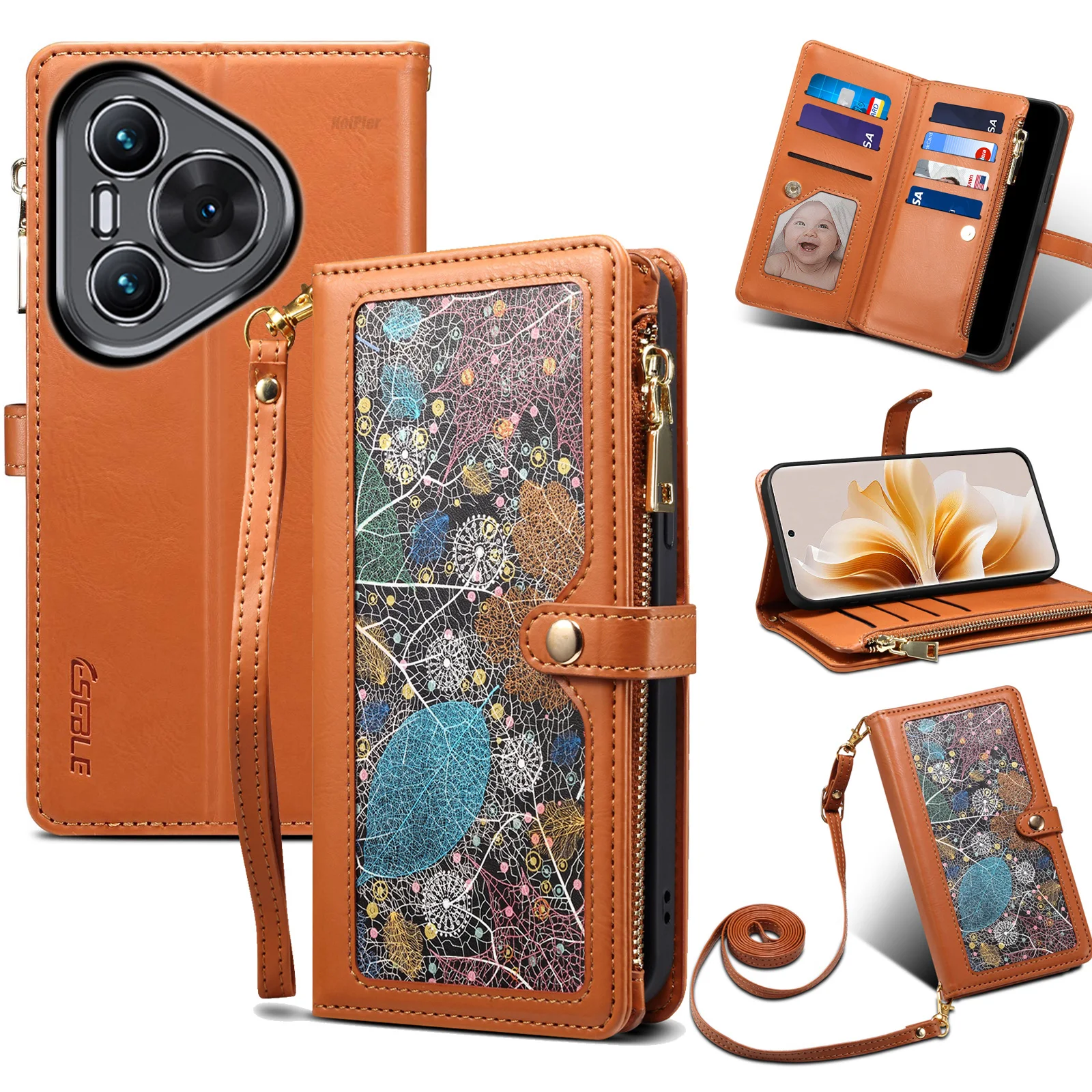 

Кожаный флип-чехол на молнии с принтом на ремешке для Huawei PURA 80 PRO PURA80 Ultra, чехол для мобильного телефона с отделением для карт и бесплатной веревкой