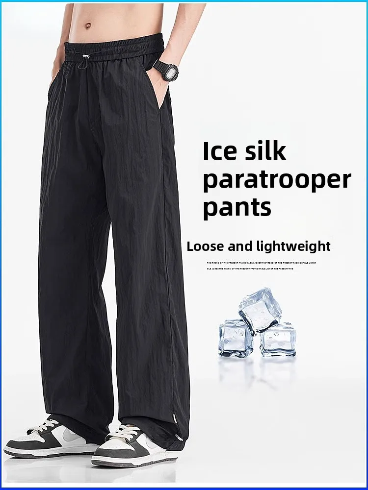 

Летние мужские брюки из ледяного шелка для работы, тонкие, прямые, для активного отдыха, повседневные, в стиле парашютиста, быстросохнущие, свободного кроя, длинные