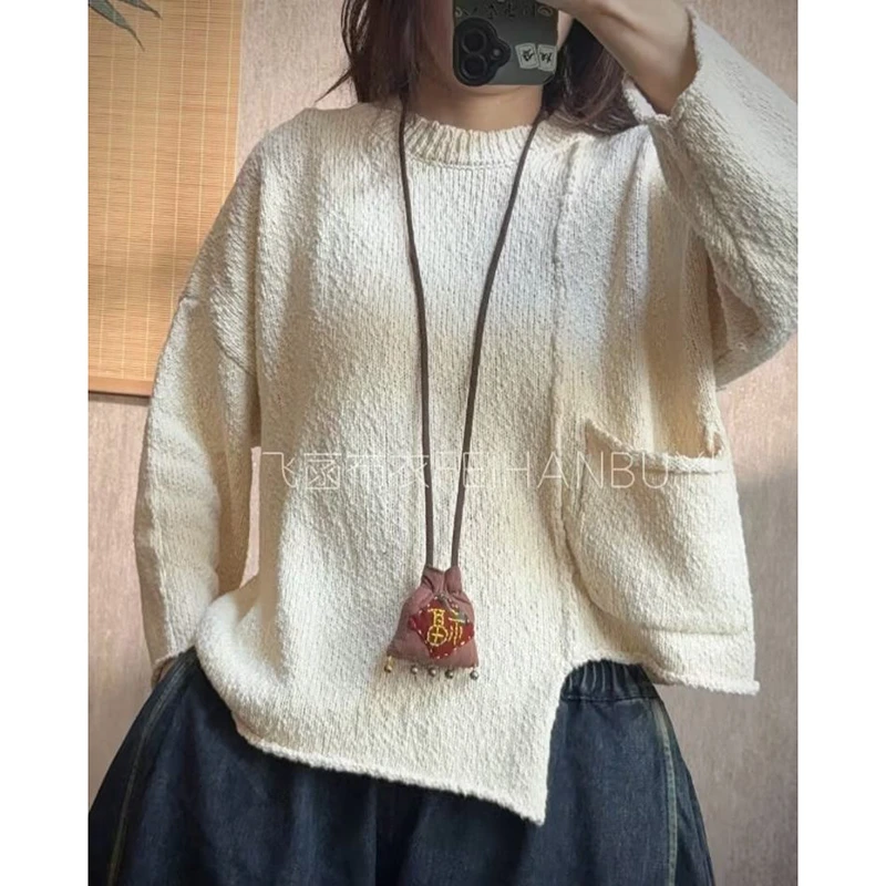 

2026 New Arrival Spring Woman Clothes Loose Casual Round Neck Pockets Patchwork Long Sleeves Asymmetric Knitting Sweater F149