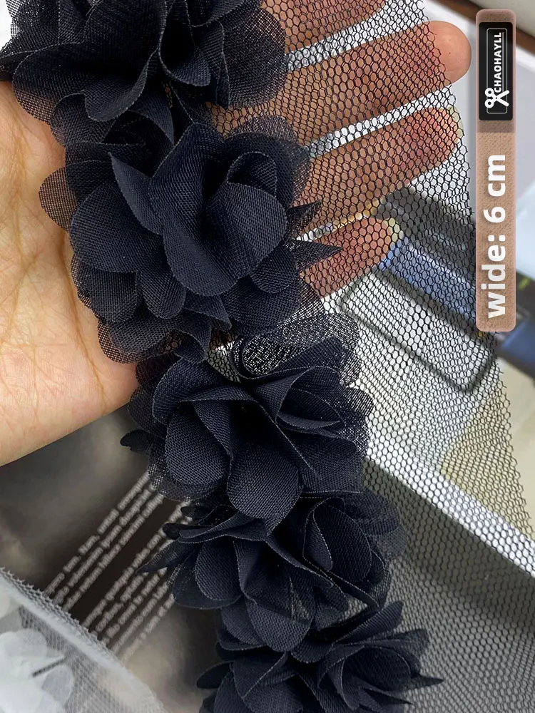 1 jard 6CM szerokości kwiatowy szyfon 3D tiulowa tkanina koronkowa dla wykończenie z frędzlami DIY sukienka na wesele marszczone mankiety sztuka