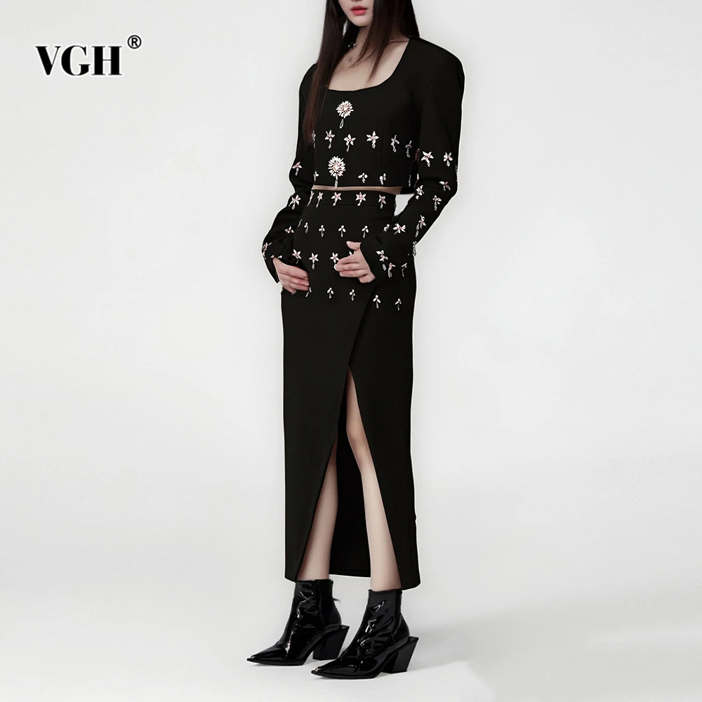 

VGH однотонные роскошные комплекты из двух предметов с бриллиантами для женщин, топ с круглым вырезом и длинными рукавами, юбка с высокой талией, элегантный комплект, женский новый