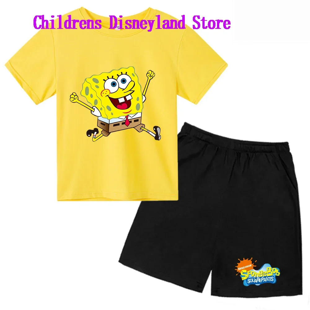 Spongebob Squarepants Spring And Autumn Children's Wear Boys And Girls T-shirt Set 2-piece Anime t shirt Sportswear Shorts boys