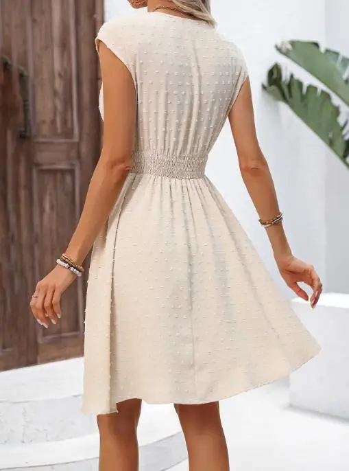 

Women's Dress 2025 Spring and Summer Sleeveless Lace Trim V - Neck Mini Dress Smocked Waist and Textured Fabric A-Line Skirt