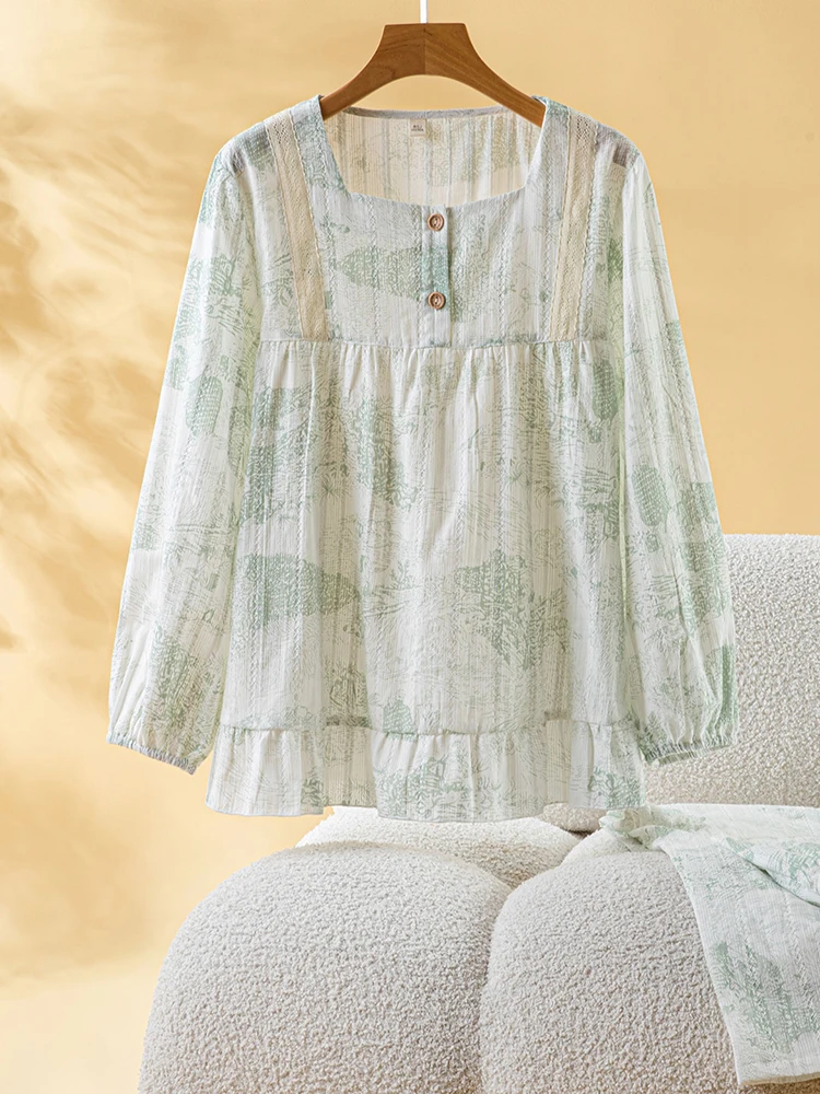 エレガントな純綿パジャマ女性の春夏薄い綿布スクエアカラー長袖長ズボンルーズセットホーム服