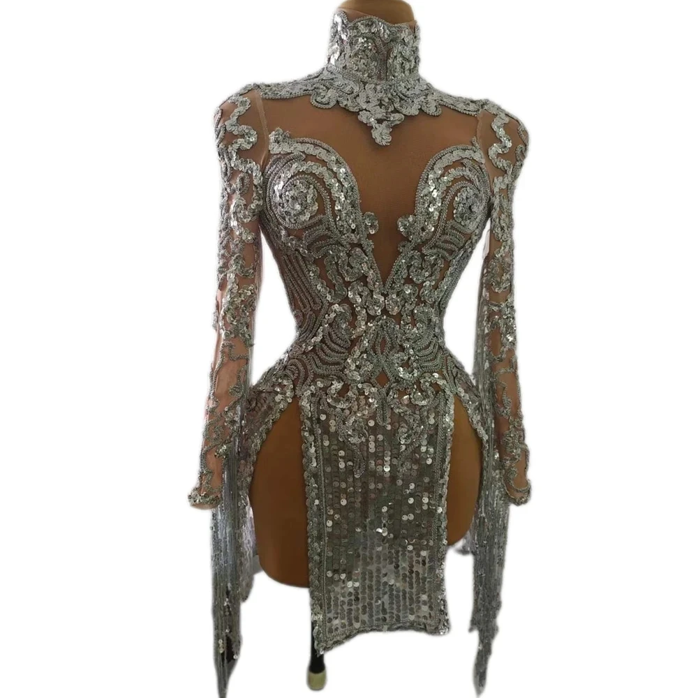 Rotterdam Kly-Robe à Paillettes Transparente en Maille à Franges Argentées pour Femme, Tenue de brevLatine, Sexy, Tenue de Club et de Bar, Justaucorps de Chanteur, Costumes de Scène