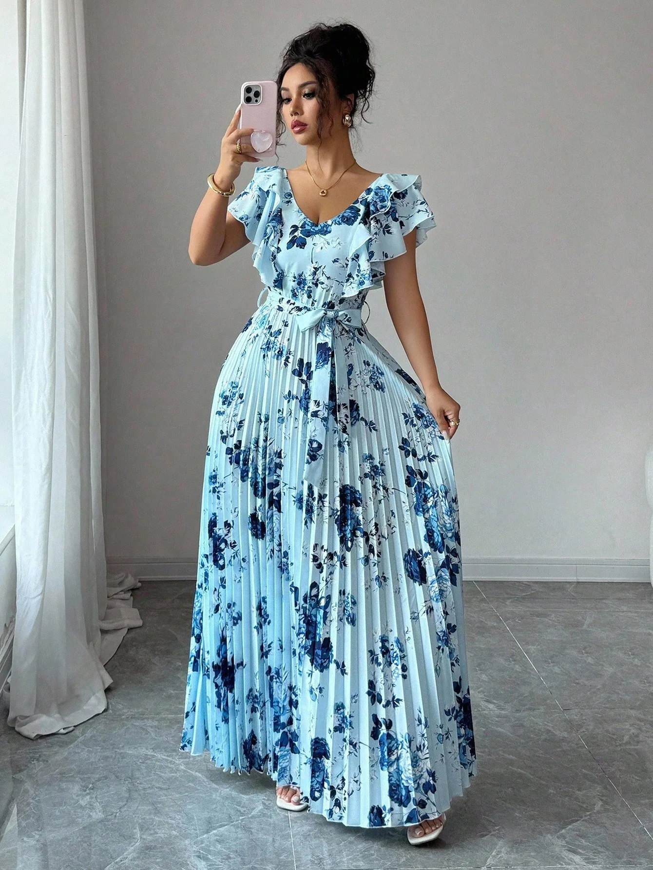 

Elenzga Halloween V-Neck Digital Print Vacation Style Ruffle Waist A-Line Elegant Romantic Women Dress