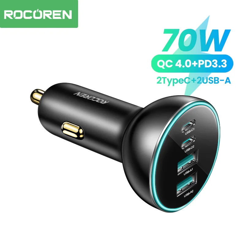 Rocoren 70W 4 in 1 Car Charger USB Type C QC4.0 PD3.0 Super Fast Charging Car Quick Charger Adapter for iPhone 15 Xiaomi Samsung