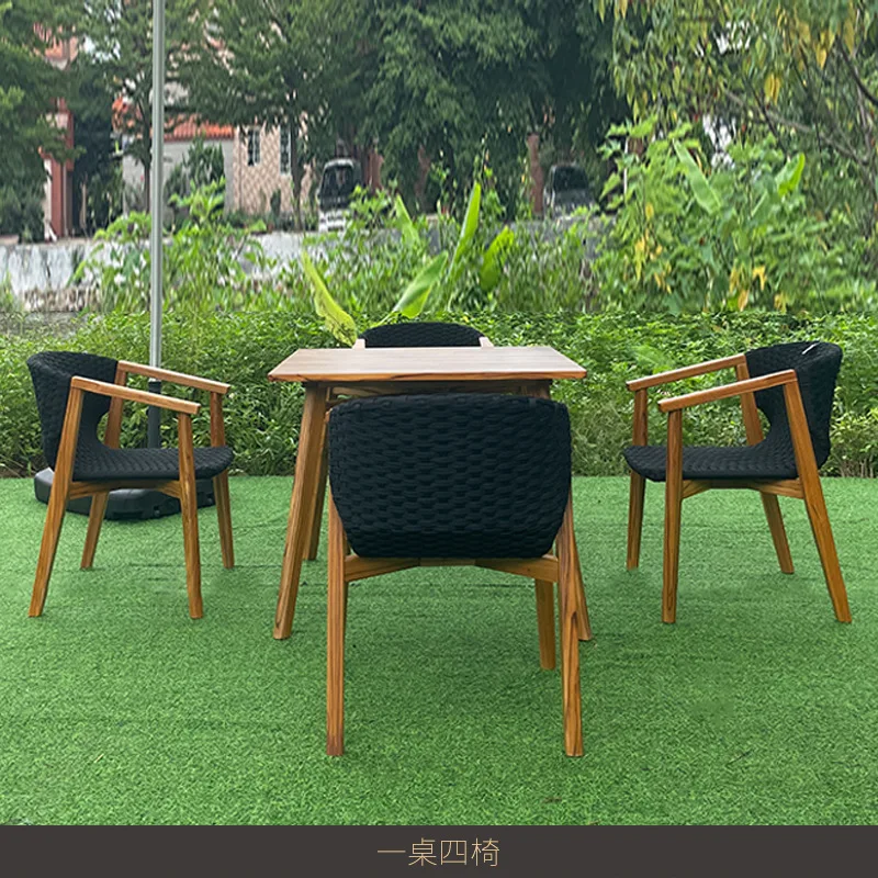 Outdoor teak table and chair villa leisure simple dining table rope woven chairs courtyard waterproof and sunscreen furniture