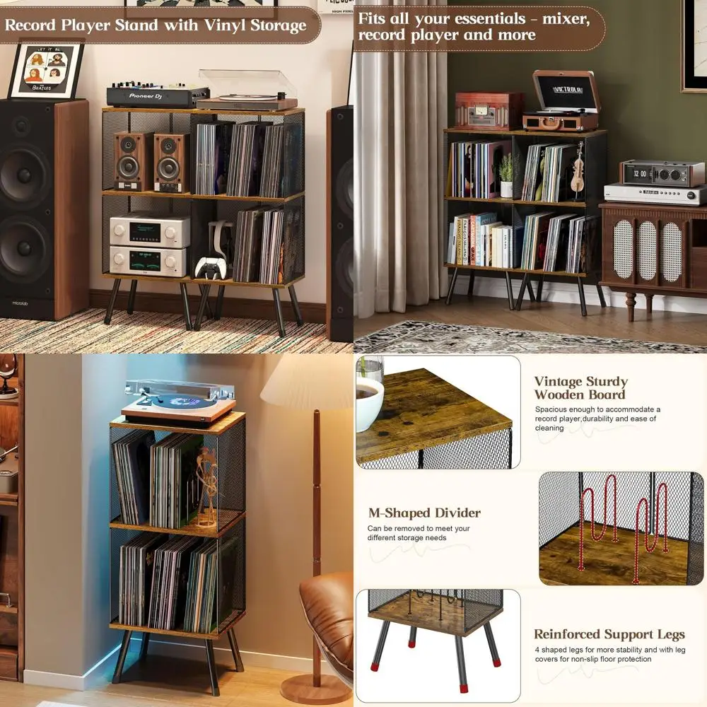 

Трехуровневая подставка для виниловых пластинок с местом для хранения до 200 альбомов, регулируемые разделители для гостиной или спальни