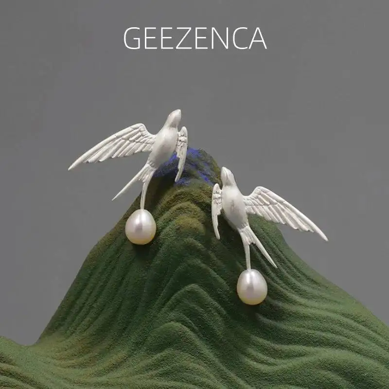 

GEEZENCA 925 Silver Pearl 3D Swallow Bird Statement Earrings Women Designer Trendy Dainty Unique Stud Earring Party Gift For Her
