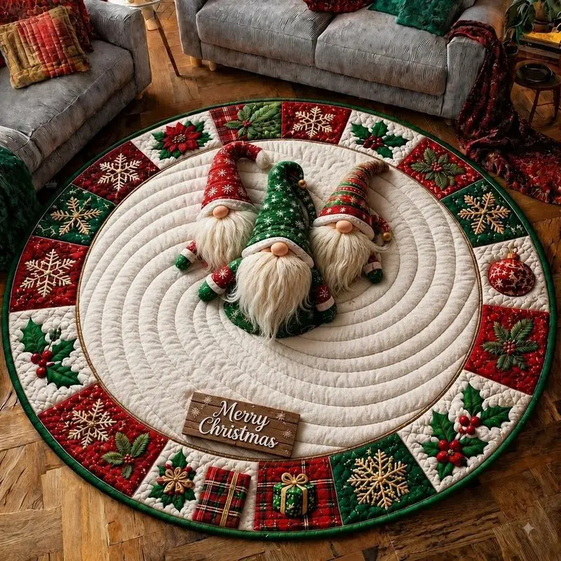 Dwarf Christmas Round Rug, Washable Non-Slip Floor Mat, Soft Plush Living Room Carpet, Festive Party Home Decor
