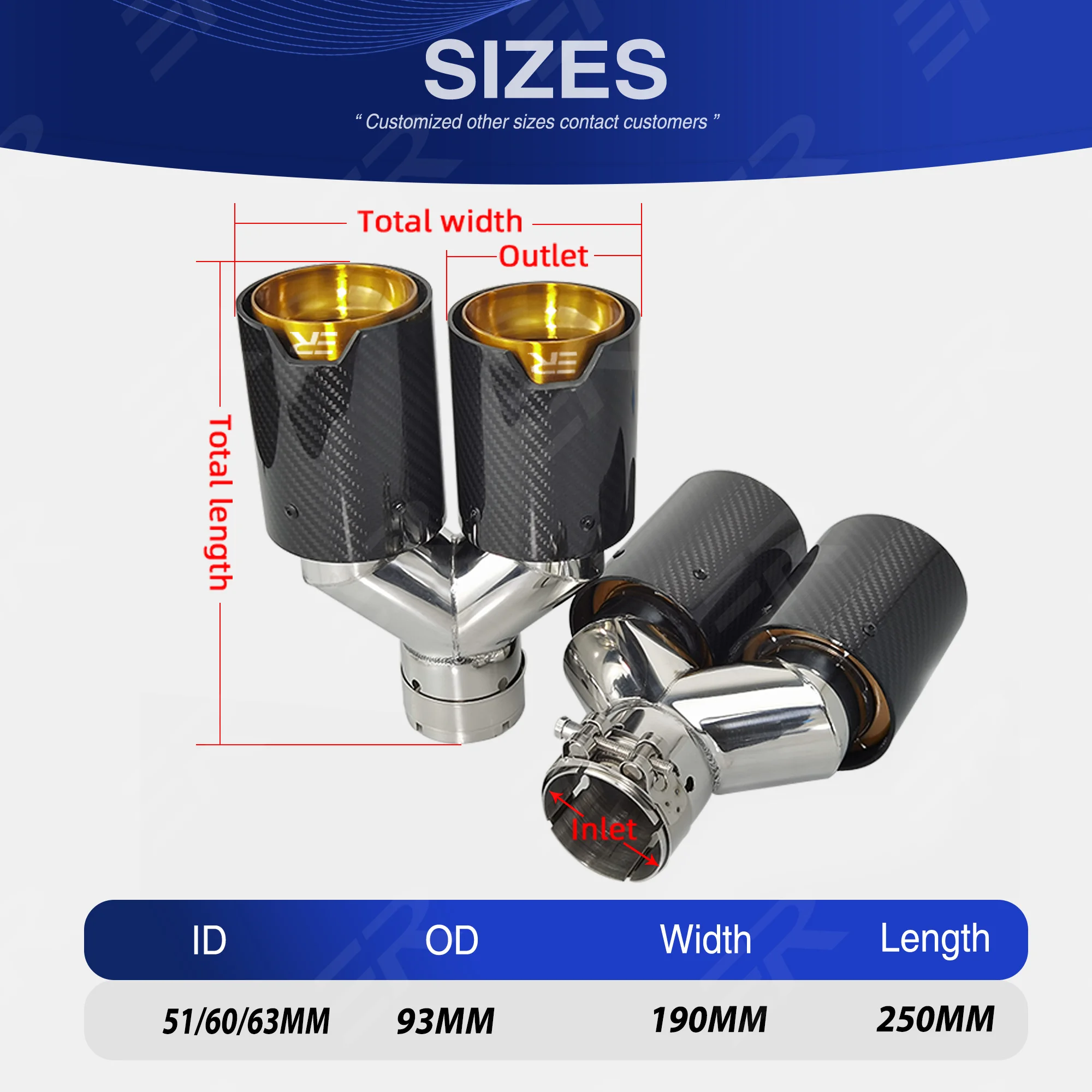 1PCS ER Real Glossy Carbon Fiber Exhaust tips Dual Outlet Upgrade Gold Stainless Steel for BMW Muffler nozzles Modify