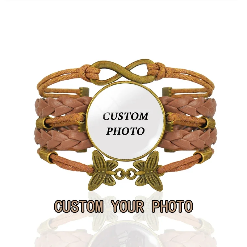 

1 Pc Customized Brown Leather Braided Bracelet Fashion Vintage Glass Dome Picture Customized Bracelet for Men Women Friend Gifts