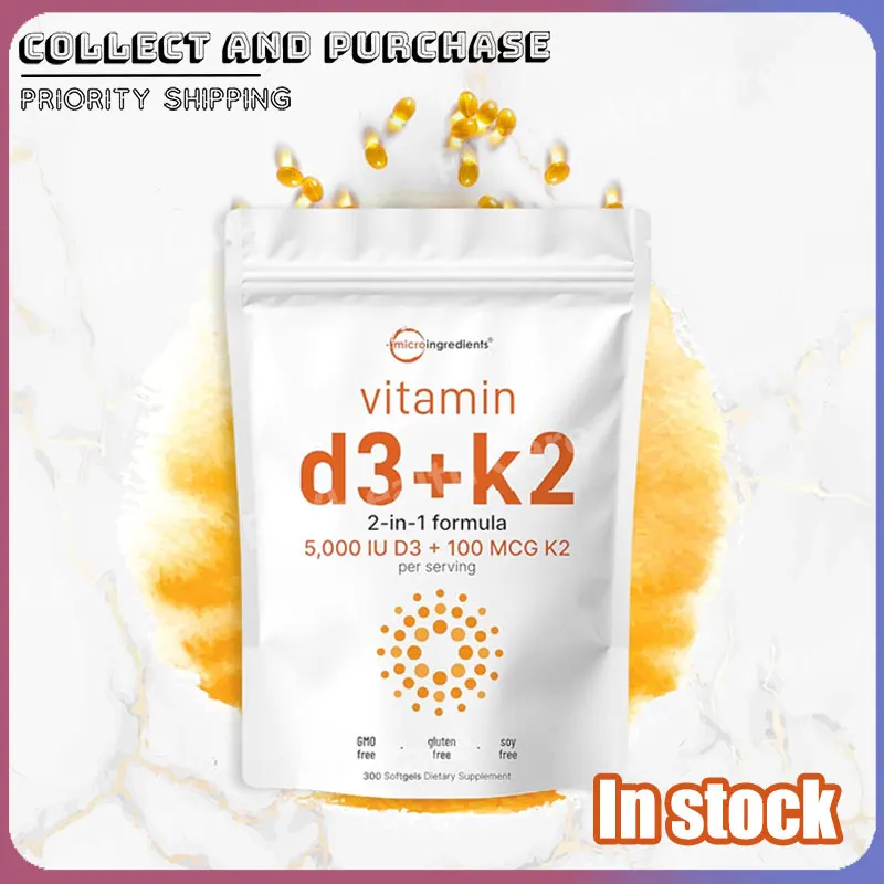Cápsulas de Gel Suave de Vitamina D3 K2 MK-7 2 en 1, Rellenas de Líquido con Aceite de Girasol, Sin GMO, Sin Gluten, Suplemento Dietético