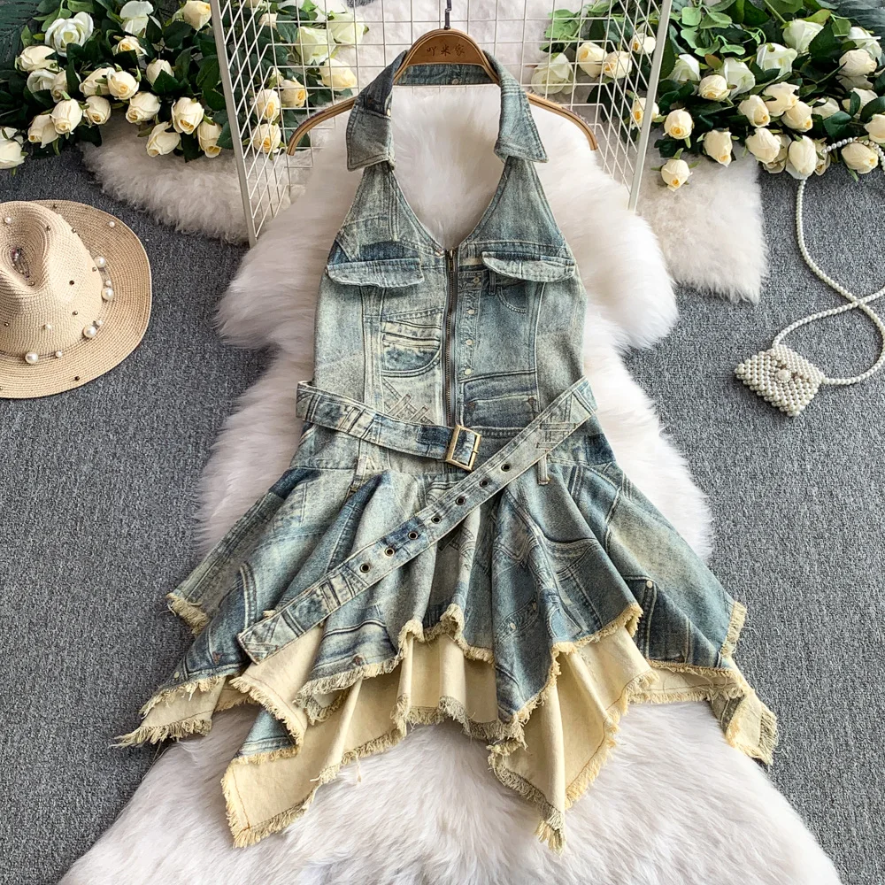 Abito corto estivo in denim vintage per donna Taglio a onde blu Streetwear Casual Mini abiti per uscire Chic 2025 Nuovo