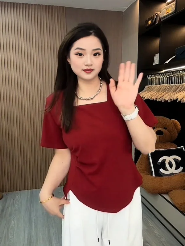 

plus Size Women's T-irt Square Collar Asymmetrical ort Sve Summer Design Sense Pleated Belly Conceal Slimming Top