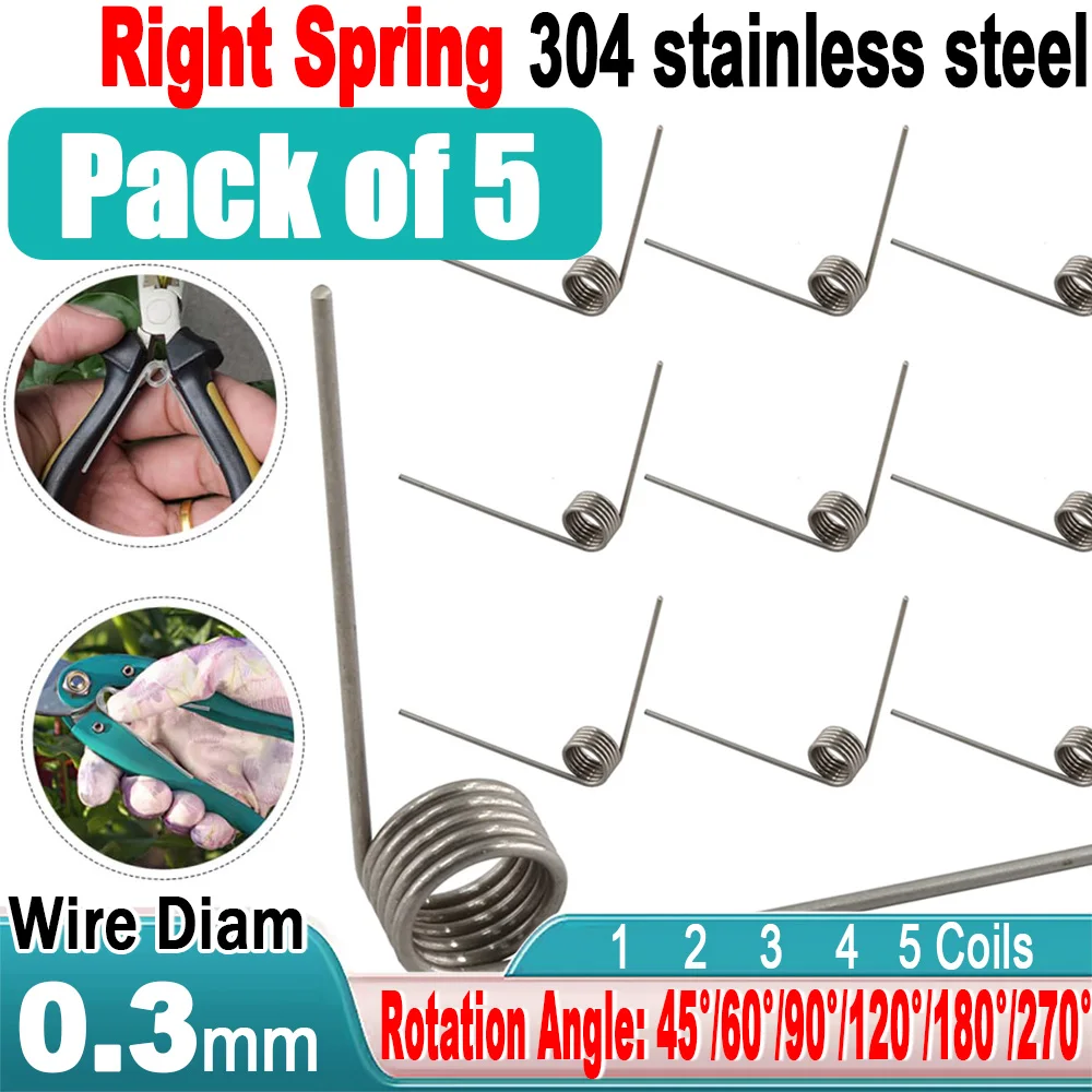 304 Stainless Steel Torsion Springs 5 Pcs V Type 0.3mm Wire Diameter 1/2/3/4/5 Laps 45/60/90/120/180 /270  Degree