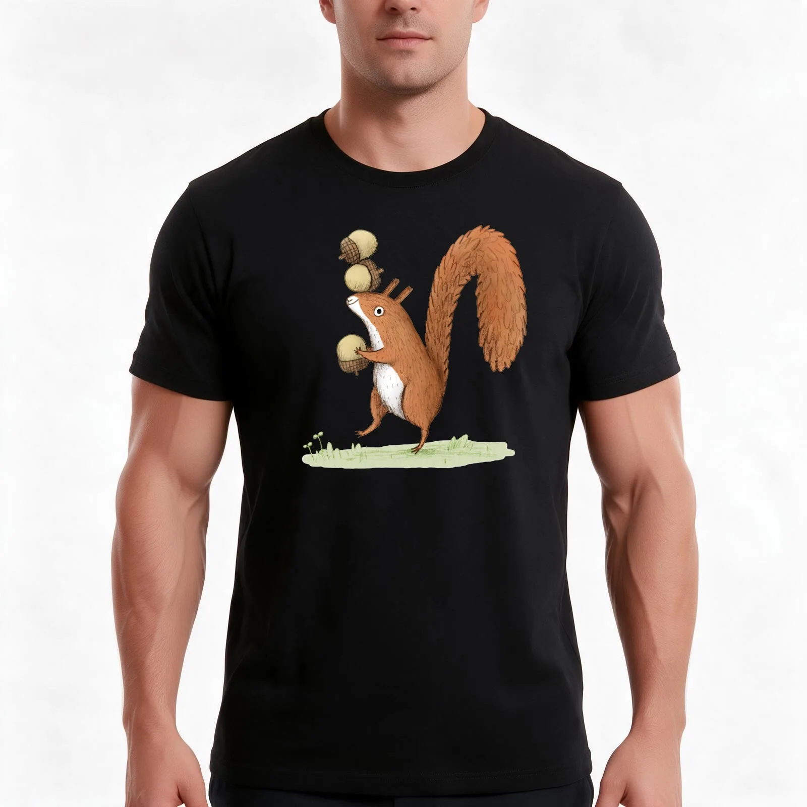 Squirrel With Acorns T-Shirt, Summer Casual Cotton Tee, Oversized Streetwear Tops, Vintage Graphic Print, Loose Fit Short Sleeve