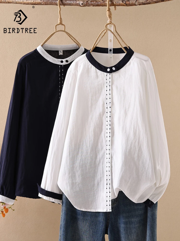 

Новая женская хлопковая рубашка с длинным рукавом на весну 2026 года, с воротником-стойкой и пэчворком, в стиле Mori Girl, мягкая, удобная, свободная блузка T63459CC