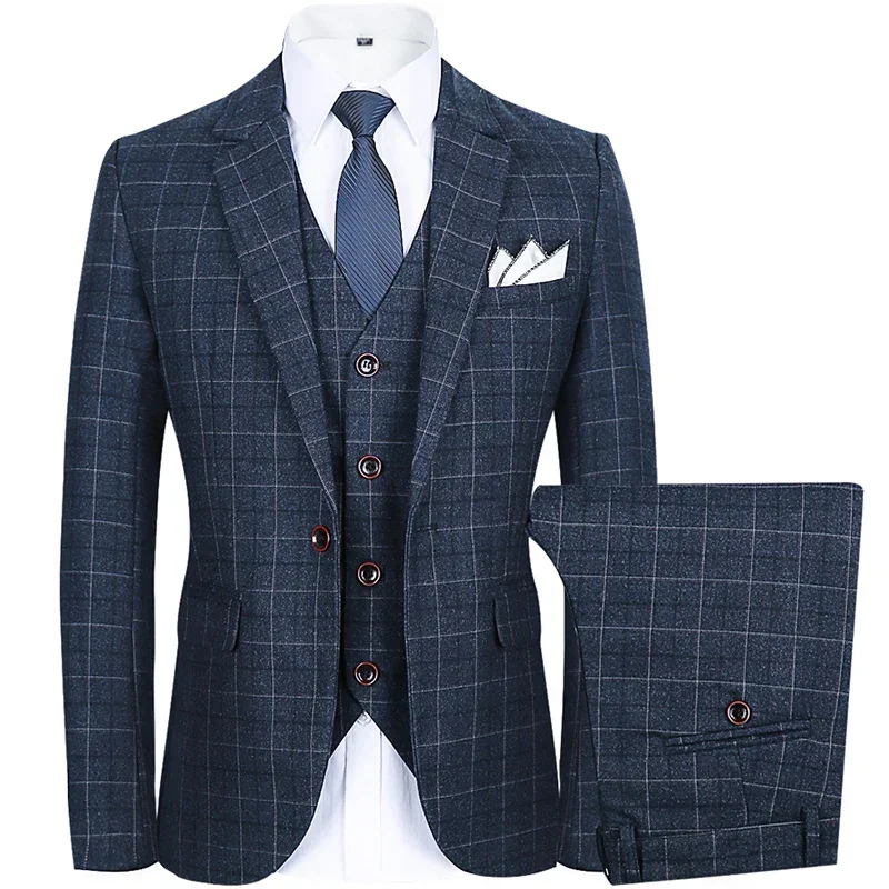 Coat Pants Vest British Style Slim Fit| Plaid Large Size 5XL Wedding Groom High End 3 Pieces Suits Set Jacket Blazers Trousers