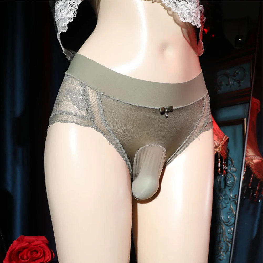 Sissy Man Penis Pouch Briefs Silky Underwear Gay See Through Underpants Transparent Mesh Panties Erotic Lingerie Lace Brief