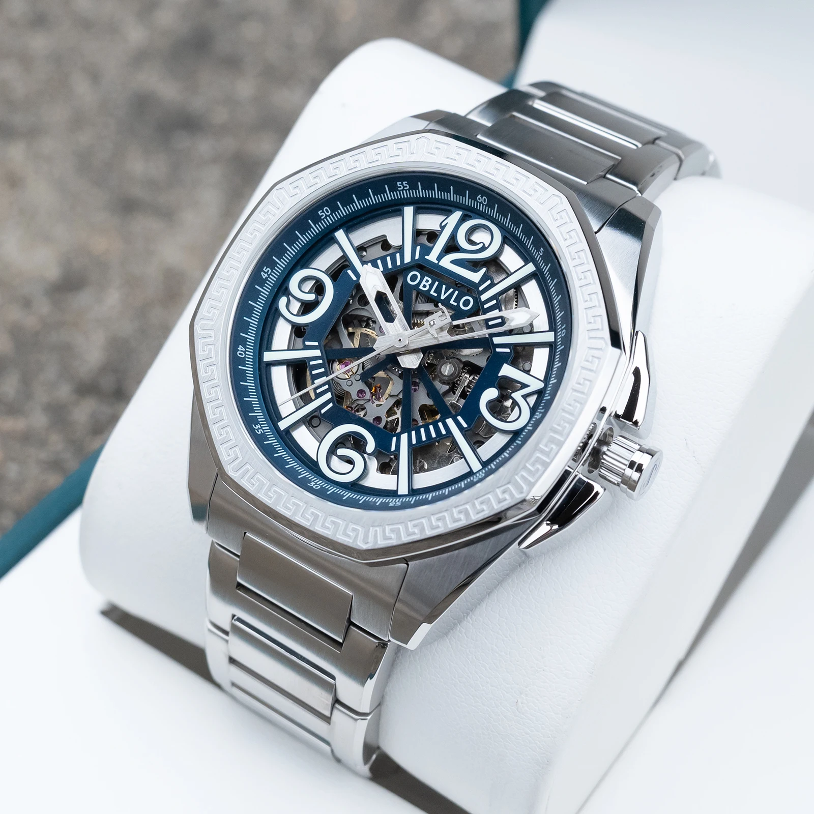 OBLVLO-ساعة أوتوماتيكية من الفولاذ المقاوم للصدأ للرجال، مينا أزرق، هيكل عظمي، ساعة ميكانيكية مقاومة للماء، تصميم جديد، CAM-SK #1