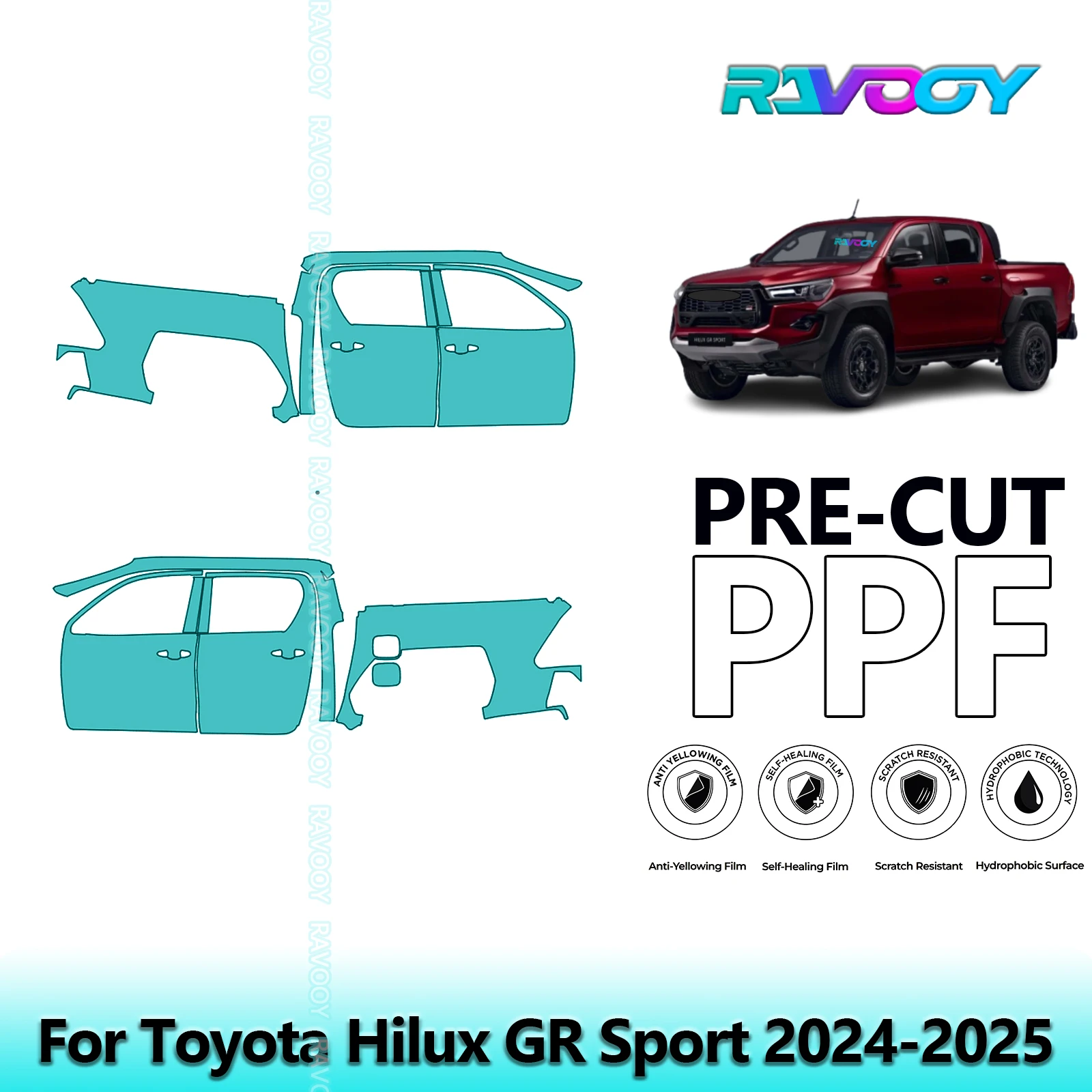 

For Toyota Hilux GR Sport 2024-2025 8.5mil Clear Matte Pre-Cut PPF Door & A/B Pillar Kit TPU Paint Protection Film Set