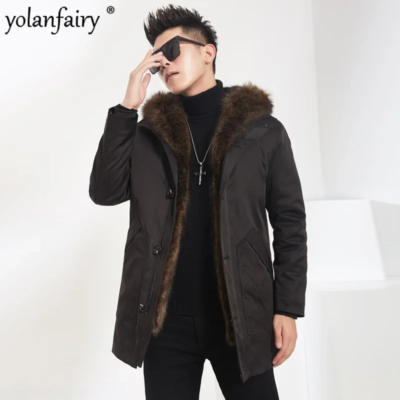 Veste mi-longue en fourrure de vison véritable pour hommes, manteau à capuche pour hommes, col en fourrure de raton laveur naturel, nouvel orteil, hiver, 2023, CombFCY4935