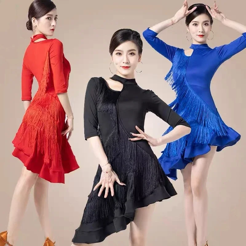 

New Women's Dress Black Sexy Girl Adult Clothing Big Red Fringe Dance Dress Latin Dance Long Sleeved Dress Latin Dance