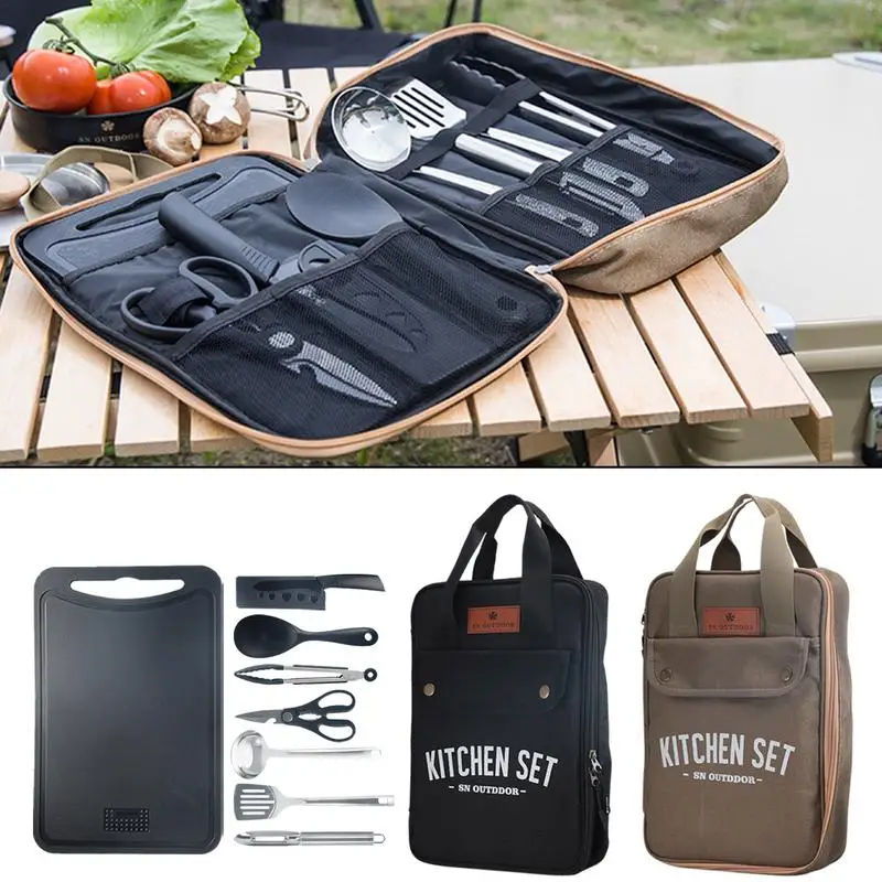 Camp Kitchen Set 8pcs Camping Outdoor Cookware Kit Camping Travel Set With Stainless Steel Fork Spoon Chopping Board Kitchenware