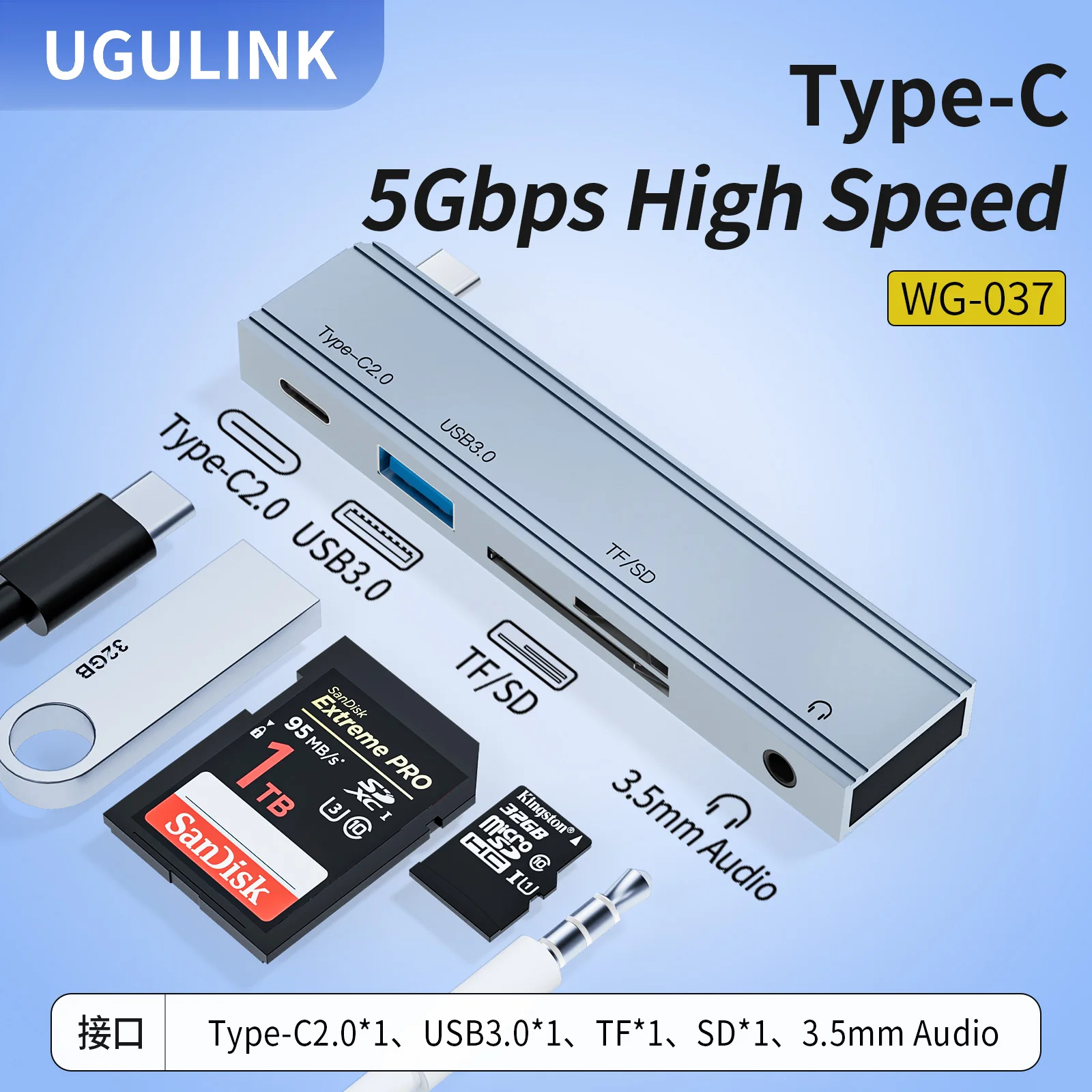 The new card reader supports USB3.0, Type-c, TF/SD reading, and audio transmission five in one multifunctional docking station,