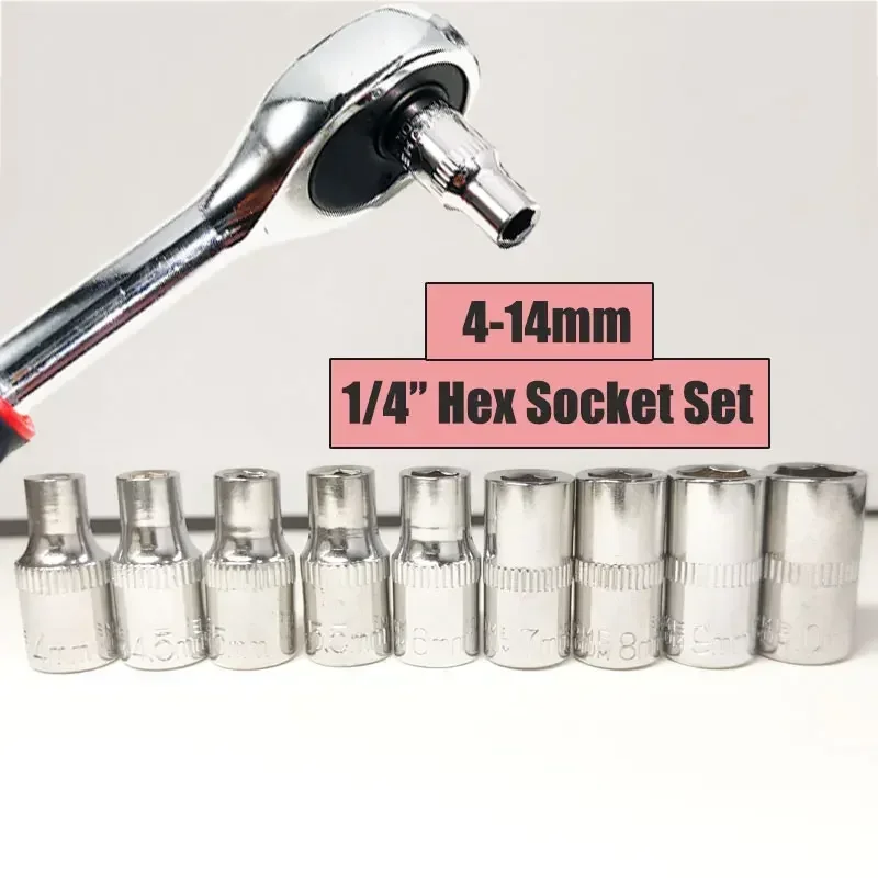 1pc 1/4 Hex Socket Set Adapter Chromium-vanadium Steel Deep Socket Wrench Head Sleeve for Ratchet Wrench Auto Repair Hand Tool