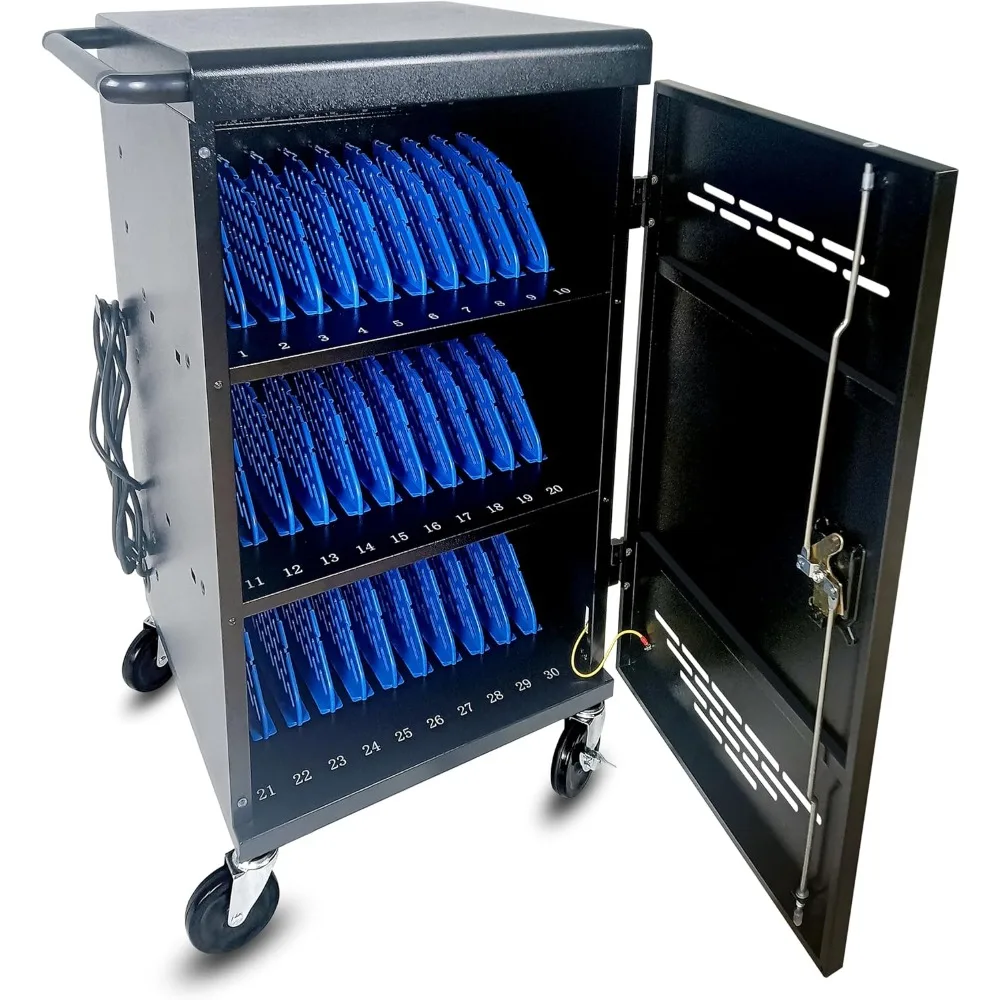 

30 Unit Device Charging Station for Chromebook, iPad, 14'' Laptop - Charging Cart with Charger Cable Management, Circuit Breaker