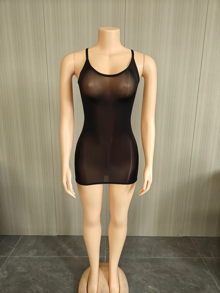 2026 Sommer Damen Sexy Transparentes Mesh-Minikleid mit Spaghettiträgern, V-Ausschnitt, Durchsichtig, Figurbetont, Hochelastisch, für Mitternachtspartys und Clubwear – Detail 4