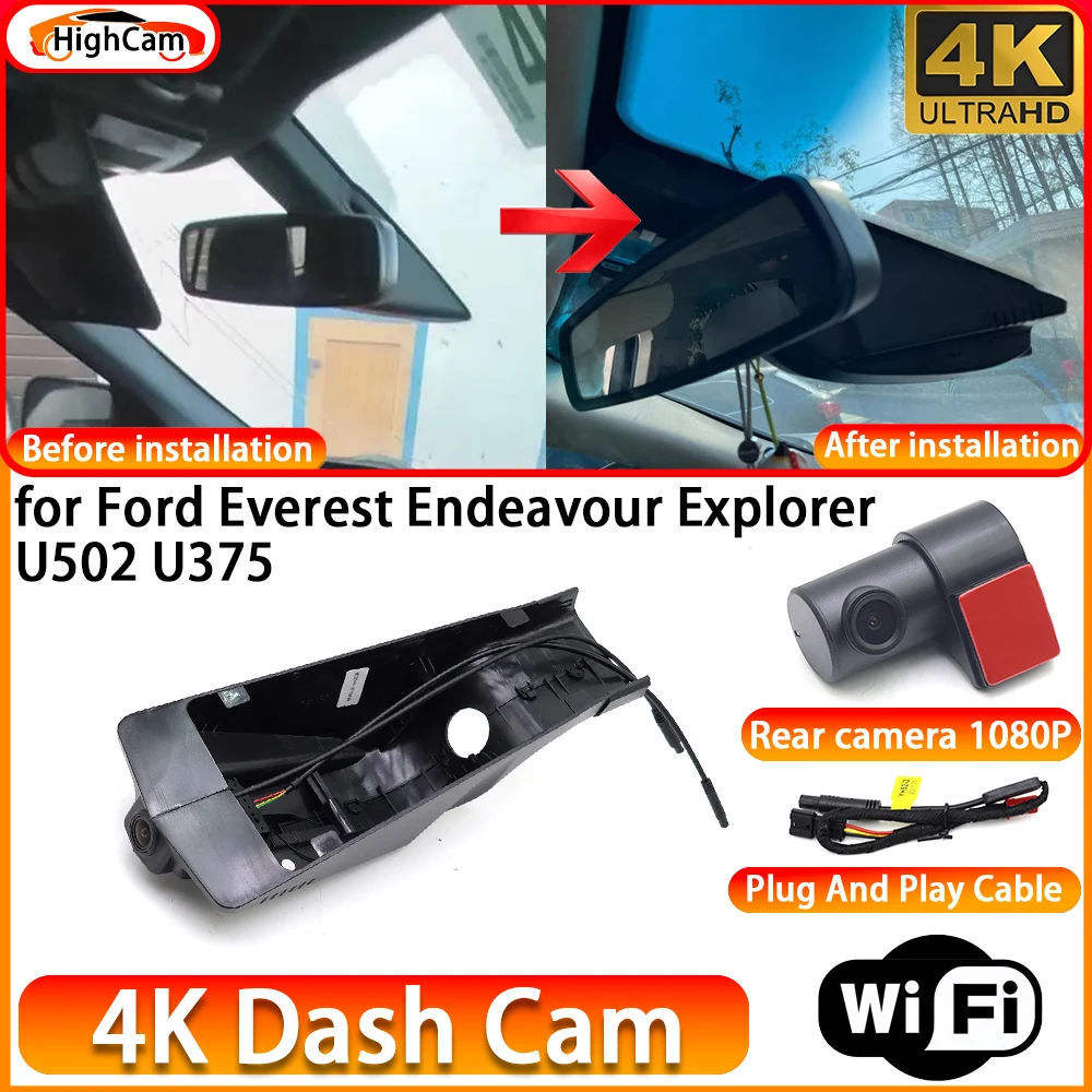 HighCam for Ford Everest Endeavour Explorer U502 U375 OEM 4K DVR Dash Cam Front Rear Camera WiFi Video Recorder Plug and Play