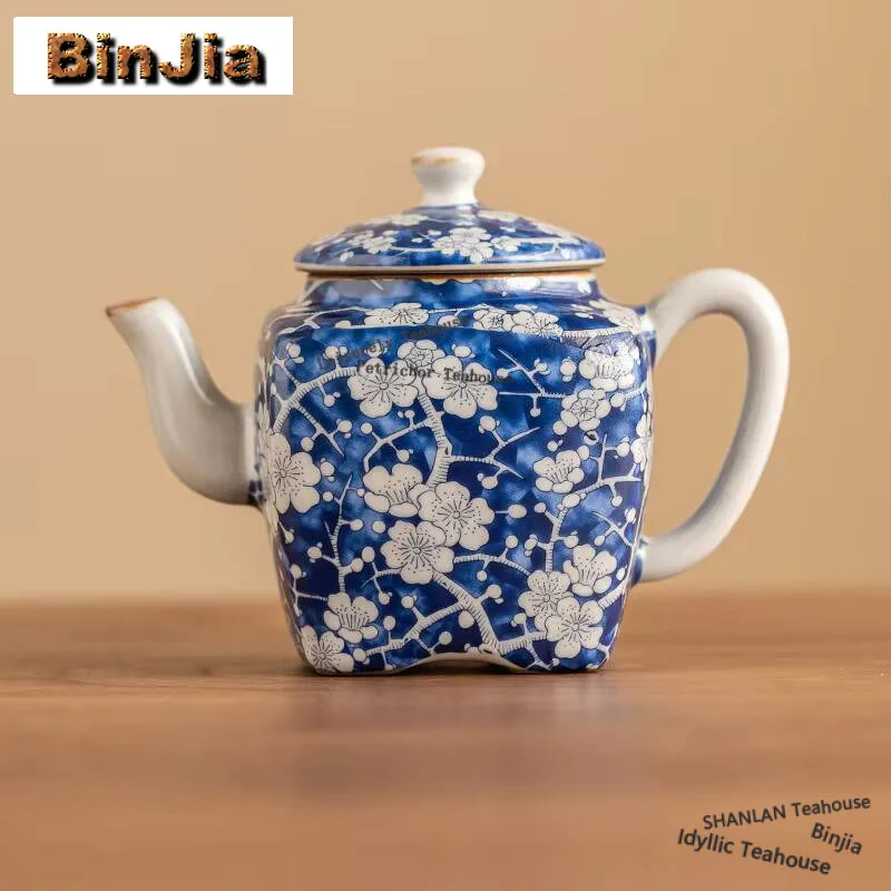 

150ml High End Ru Kiln Porcelain Teapot Boutique Ice Plum Blue And White Square Pot Tea Brewing Kettle Tea Ceremony Ornaments