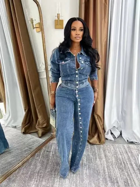 Jeans Suit Women Denim 2 Piece Set Coat Straight Pants Single Breasted Jacket Trousers Outfits Streetwear Ensemble Summer 2026 view 3