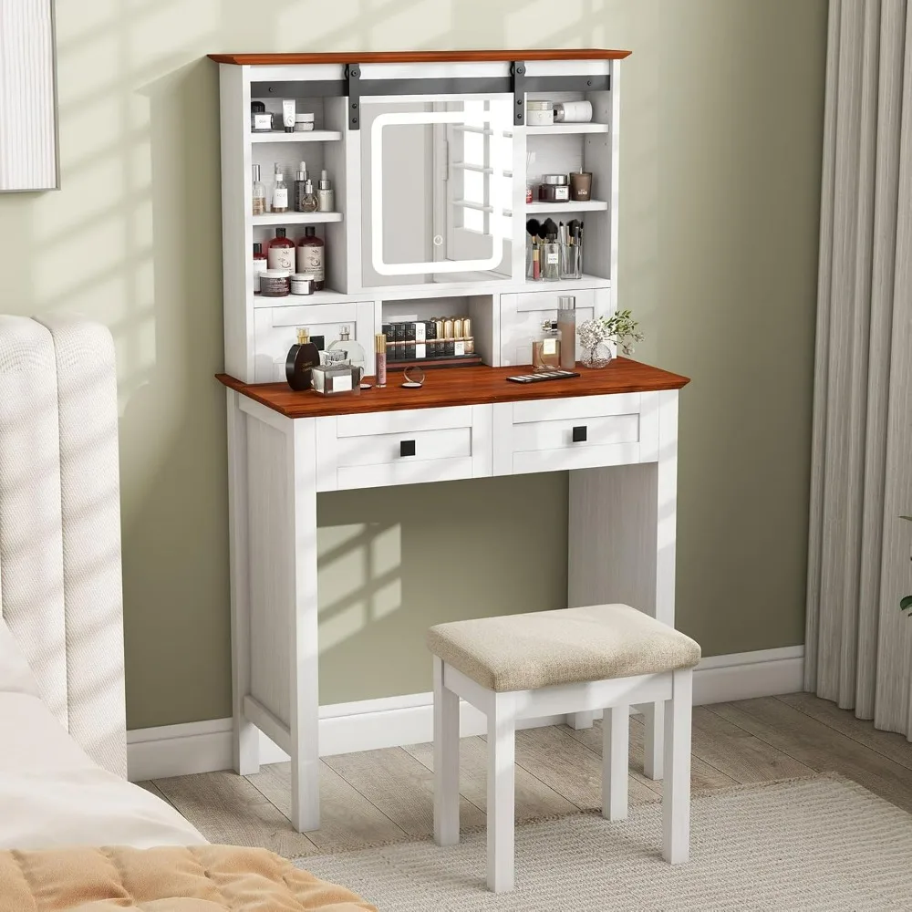 

Vanity Table Set with Sliding LED Mirror & Stool, Makeup Dressing Table with Storage Shelves, Drawers