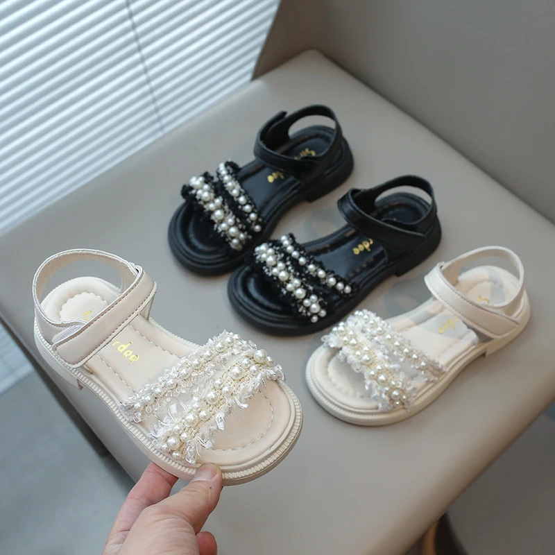 Girls Princess Sandals Chic for Wedding Party Pearls Beads Classic 2024 Summer New Kids Rubber Sandals Open Toes Soft Anti-skid