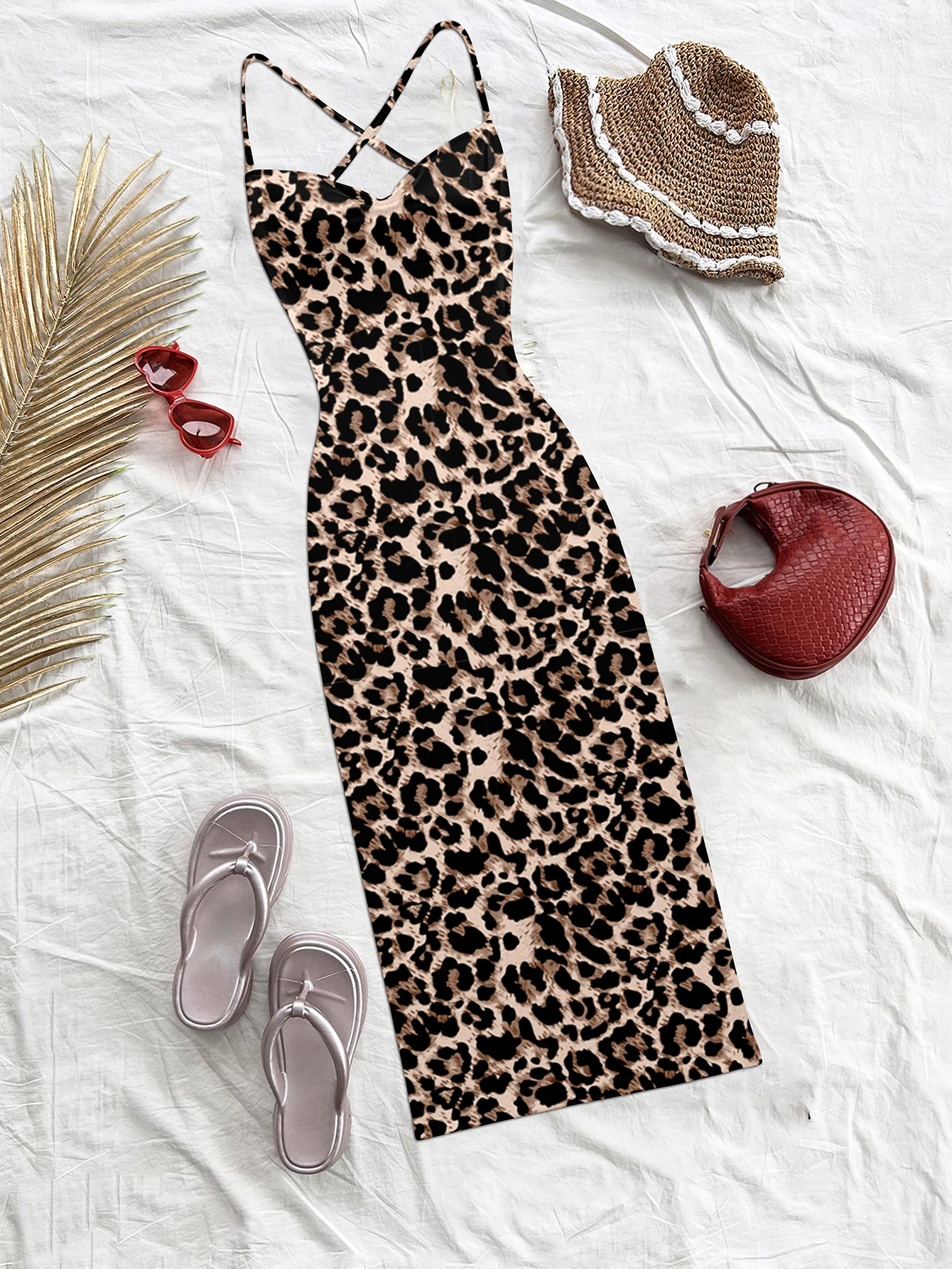 Feste sexy da donna Vacanze serate Stampa leopardata con spalle scoperte Maxi elastico in poliestere spandex Abito nero/marrone