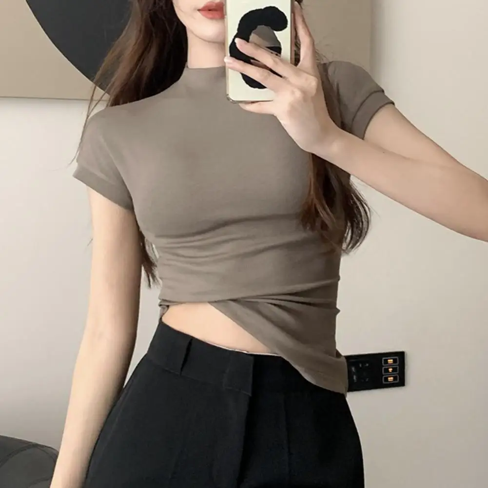 

Женские топы с круглым вырезом Элегантная женская облегающая футболка с полувысоким воротником и короткими рукавами Мягкая эластичная однотонная футболка для повседневного использования