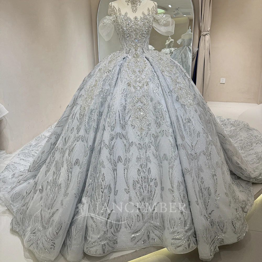 ゴージャスなストラップレスレースビーズウェディングドレスボールガウンカスタマイズされたオーガンザコートトレインセクシーなオフショルダーブライダルドレス