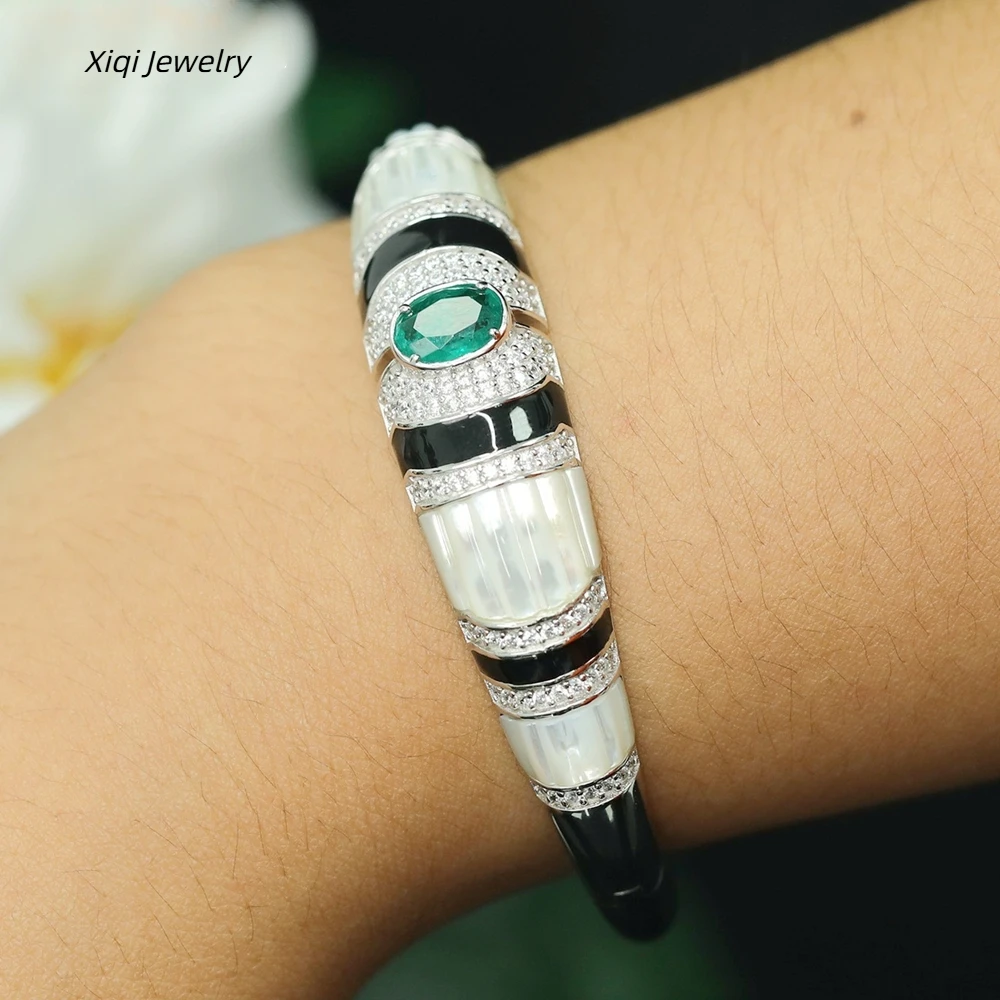 

Gazing Jewelry925 Sterling Silver White Shell Pearl Black Agate Emerald Green Carbon Diamond Gemstone Ladies' Bracelet Jewelry