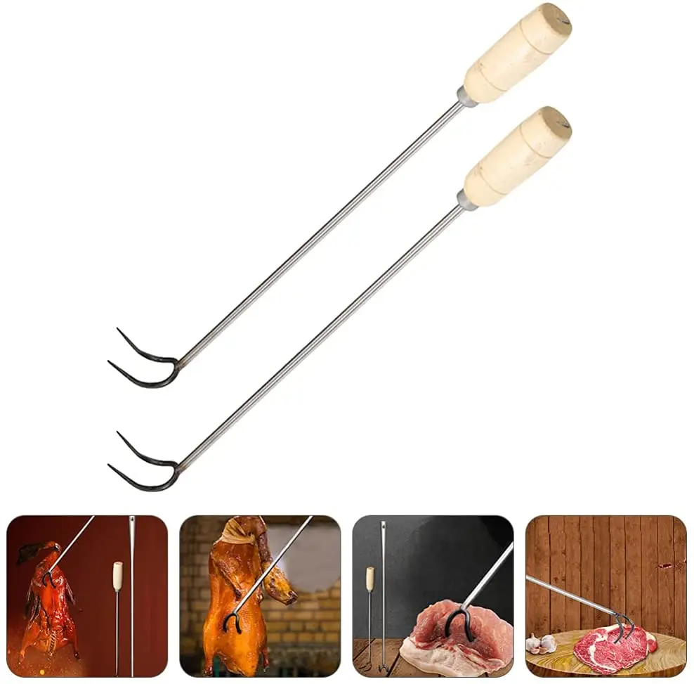 Food Flipper Hooks Butchering Hook Wood Handle wieprzowina Meat Turner Hook grillowanie palenie mięso z grilla haczyk na żywność