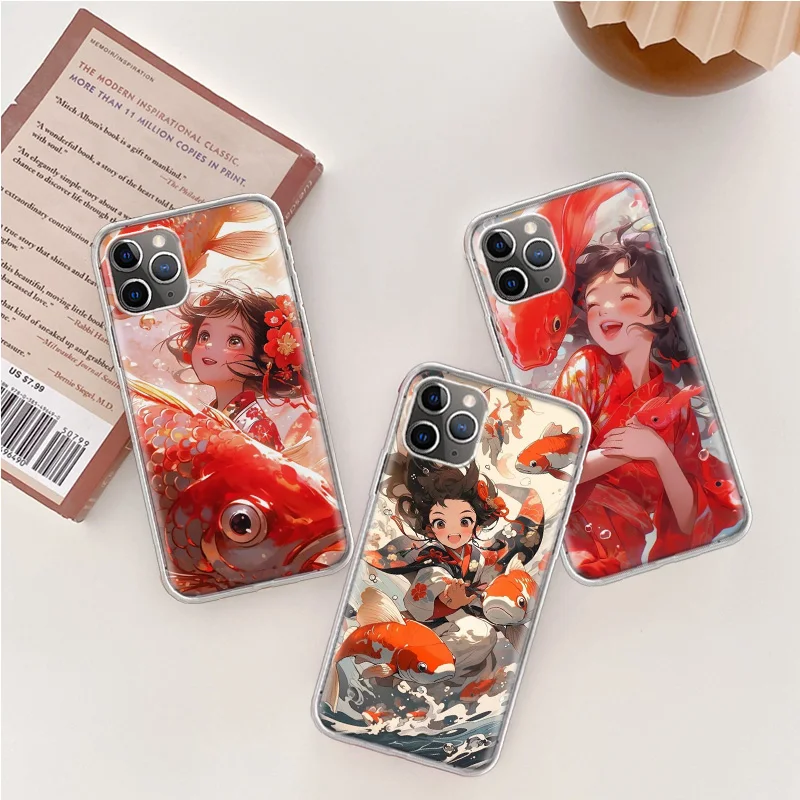 Red Lucky Koi Fish Girl Phone Case For Iphone 14 13 15 16 Pro Max Plus Apple 11 12 Mini X XS Max XR Clear Cover Shell Coque Sili